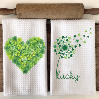 Waffle Weave Towel Set with a heart made of shamrocks and a flower made up of shamrocks with the word lucky